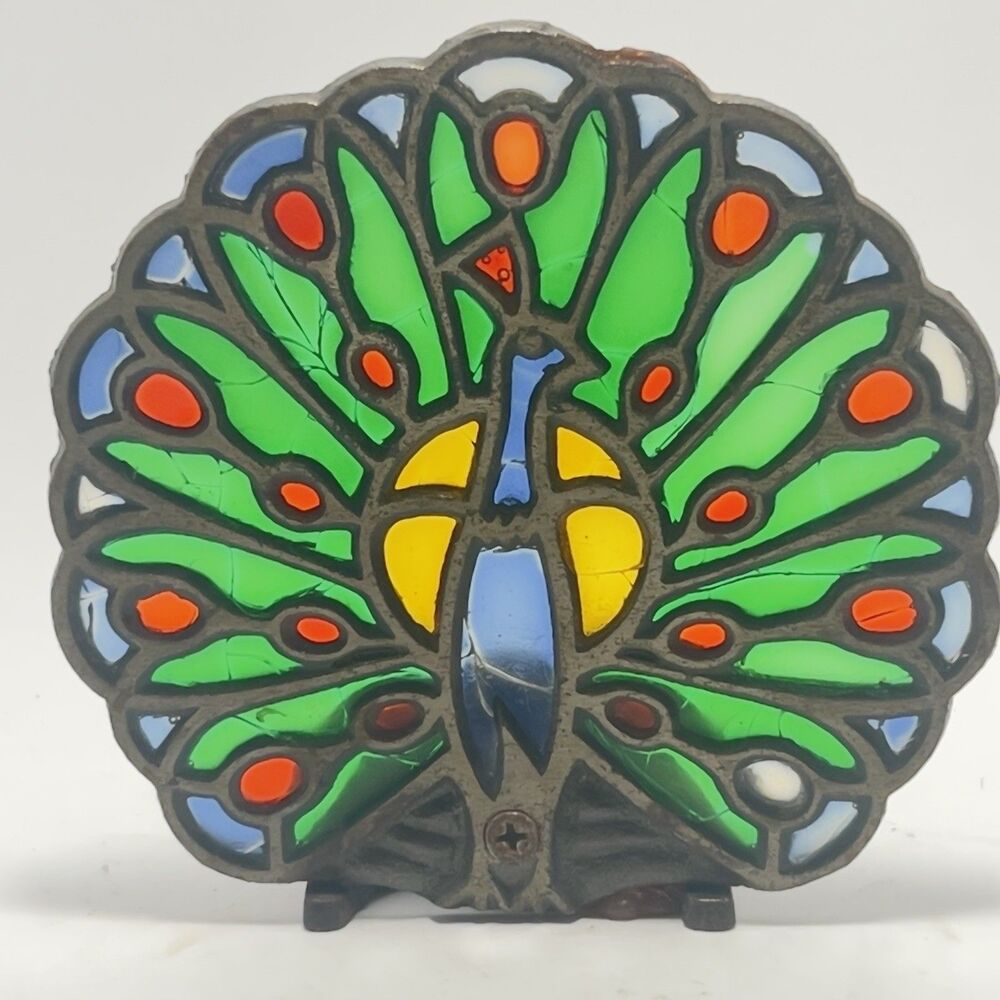 Cast iron Peacock Tea Light Candle Holder 3D Stained Glass MCM Vintage